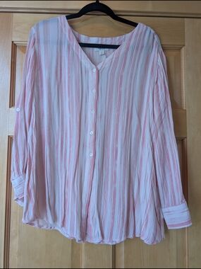 Style & Co. Pink and White Striped Button-Down Blouse